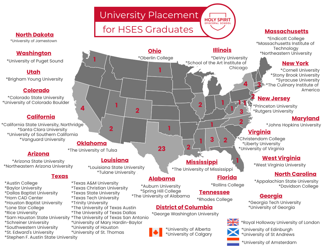 Map of the USA highlighting high schools HSES graduates attended